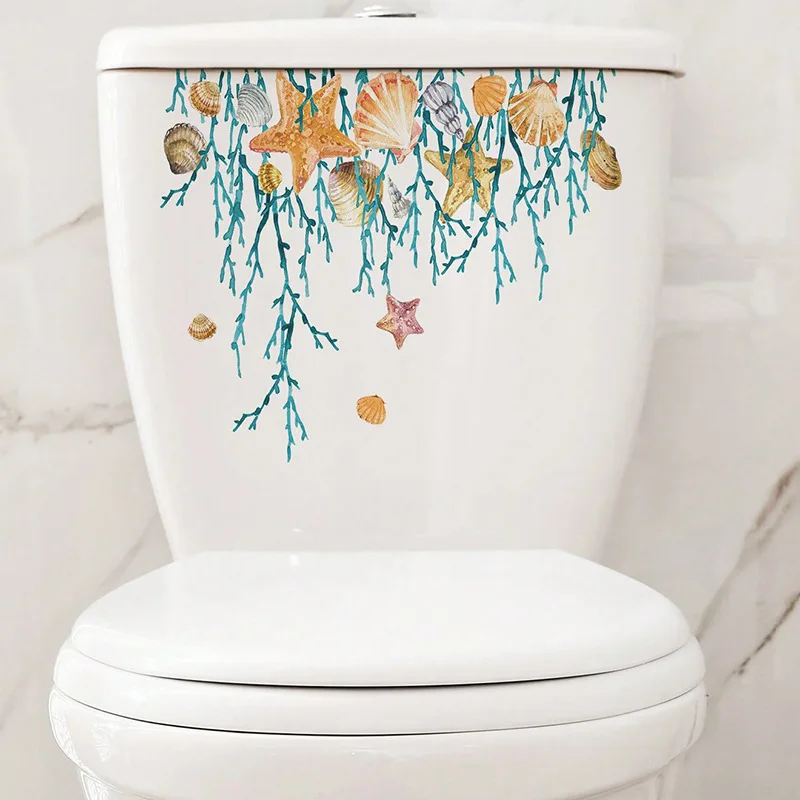 Underwater Coral Starfish Toilet Sticker Removable Waterproof Bathroom Decor Self-Adhesive Wall Decals for Bathroom Makeover