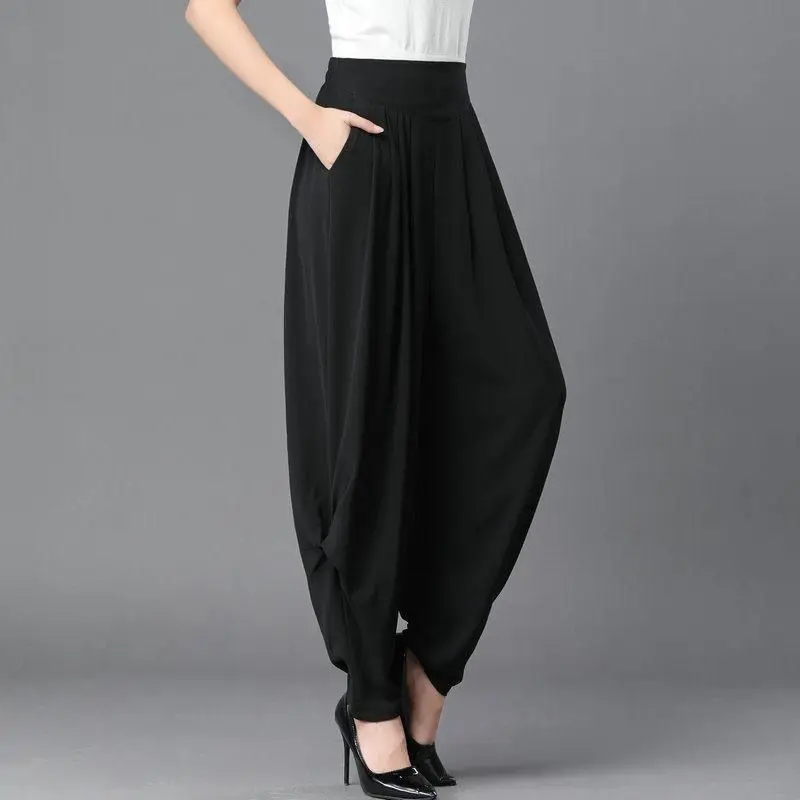 2023 New Spring and Summer Fashion High Waist Slim Casual Loose Pocket Large Solid Simple Women's Close-up Harlan Pants