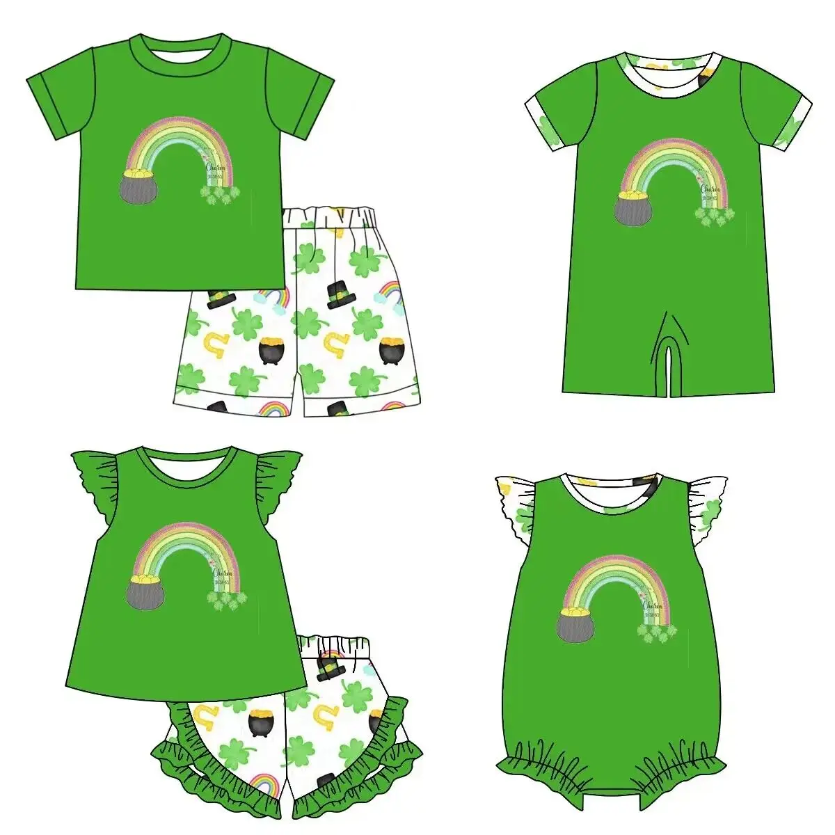 

Summer Kids Outfits St.Patrick Day Matching Outfits Jumpsuit Romper Rainbow Print Green Tops And Shorts Baby Festival Clothing