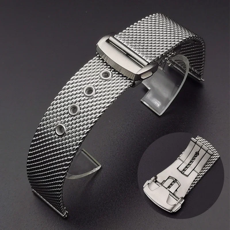 Men's Stainless Steel Mesh Watch Band with Metal Folding Buckle