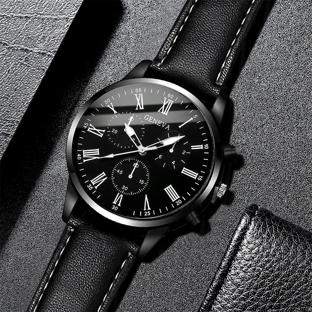 4PCS/Set Fashion Men's Business Watches Casual Leather Strap Quartz Wristwatches Vintage Bracelets Set Reloj Hombre（Without Box）