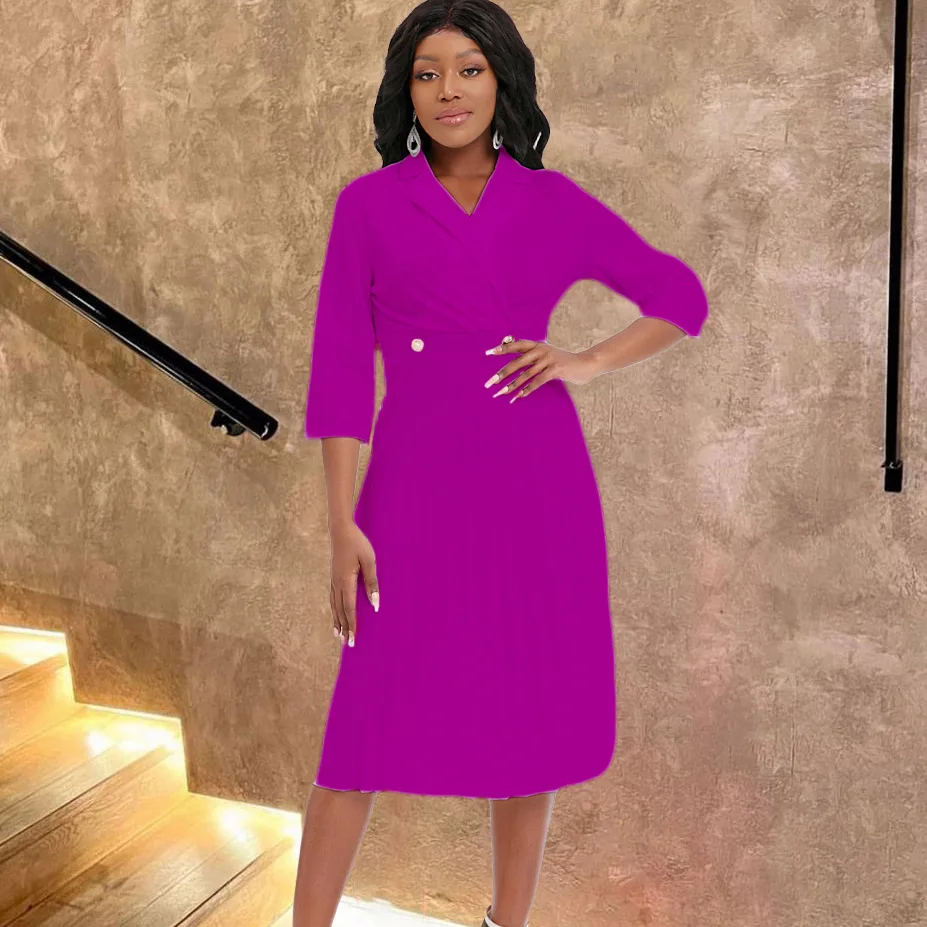 

2022 Autumn African Dresses for Women African Women Three Quarter Sleeve Solid Color V-neck Knee-length Dress African Clothes