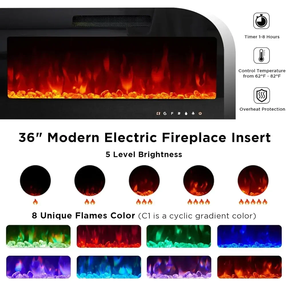 TV Stand with 36" Fireplace, 70" Modern High Gloss Entertainment Center LED Lights, TV Console Cabinet for TVs Up To 80" 2