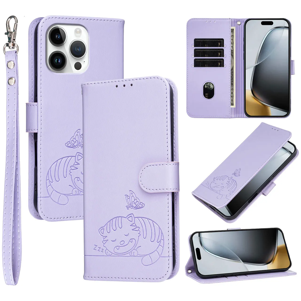 Cartoon Cat Flip Case with Leather Lanyard and 3-Card Wallet Cover