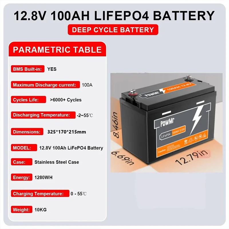 PowMr 12.8V 100AH LiFePo4 Lithium Battery 1280WH Batteries Rechargeable Lithium Bateria Pack Max 4Pcs Series Solar Battery 12V