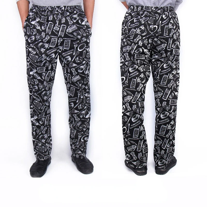 Unisex Fashion Waist Elastic Design Chef Pants Chili Cutlery Kitchenware Pattern Restaurant Canteen Chef Work Pants chef pants chef work clothes