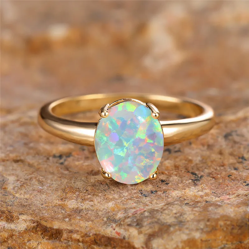 Female Cute White Fire Opal Oval Stone Engagement Ring Yellow Gold Color Summer Wedding Jewelry For Women
