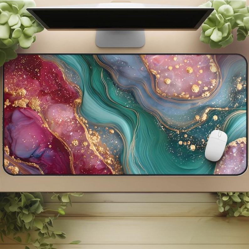 Marble Desktop Mat, Green and Pink Crystal Mouse Pad, Anime Style, Soothing Desktop Decoration,non-slip and Waterproof Mouse Pad