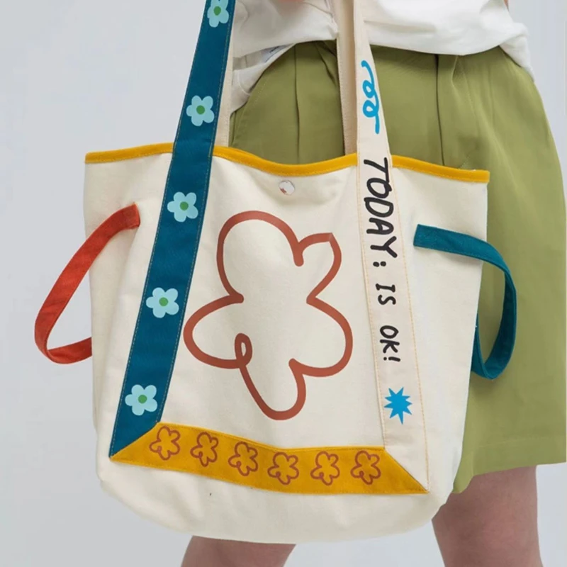

Xiuya Harajuku Style Shoulder Bag Flower Letter Print Large Capacity Canvas Handbag High Quality Youthful Fashion White Tote Bag