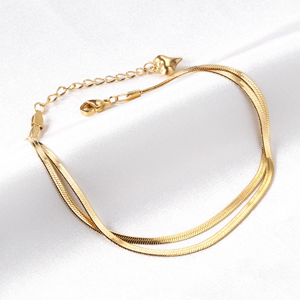 

Vintage Stainless Steel Double Flat Snake Chain Anklets For Women Girls Exquisite Summer Party Beach Jewelry Accessories Gifts
