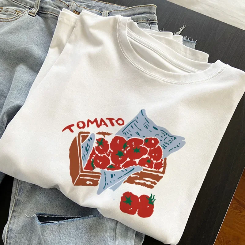 Vintage Tomato Style Sun and Handprint Women's T-Shirt Casual Loose Short Sleeve Top Aesthetic Zodiac Cute Fashion T-Shirt Y2K 1