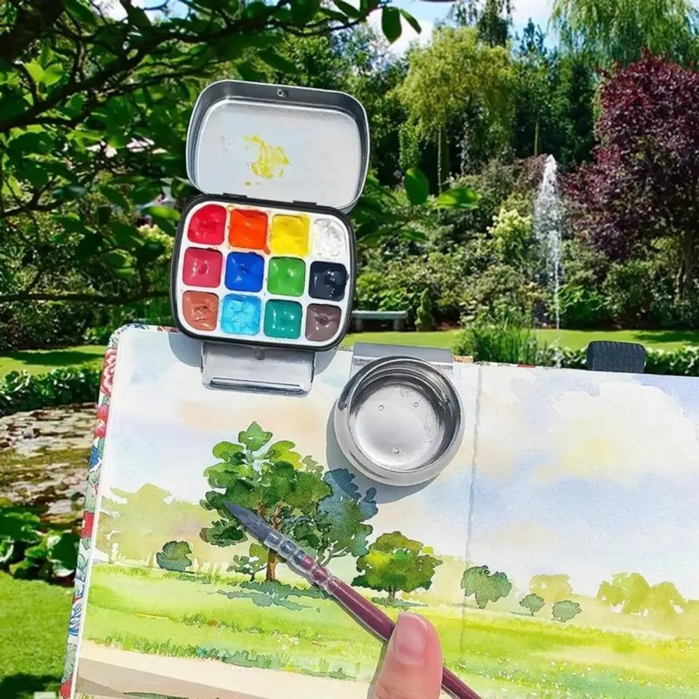 휴대용 12/24 그리드 수채화 물감 상자, 빈 철제 수채화 물감 상자, 여행용 야외용 물감 상자 (클립 포함), 미술 용품