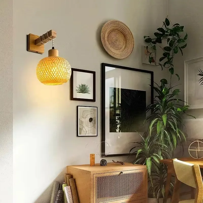 E27Handwoven Chinese Style Bedroom Wall Lamp  Restaurant Home Decoration Lamp Bamboo Wall Hanging Lamp Wall Decor  Led Lights BR