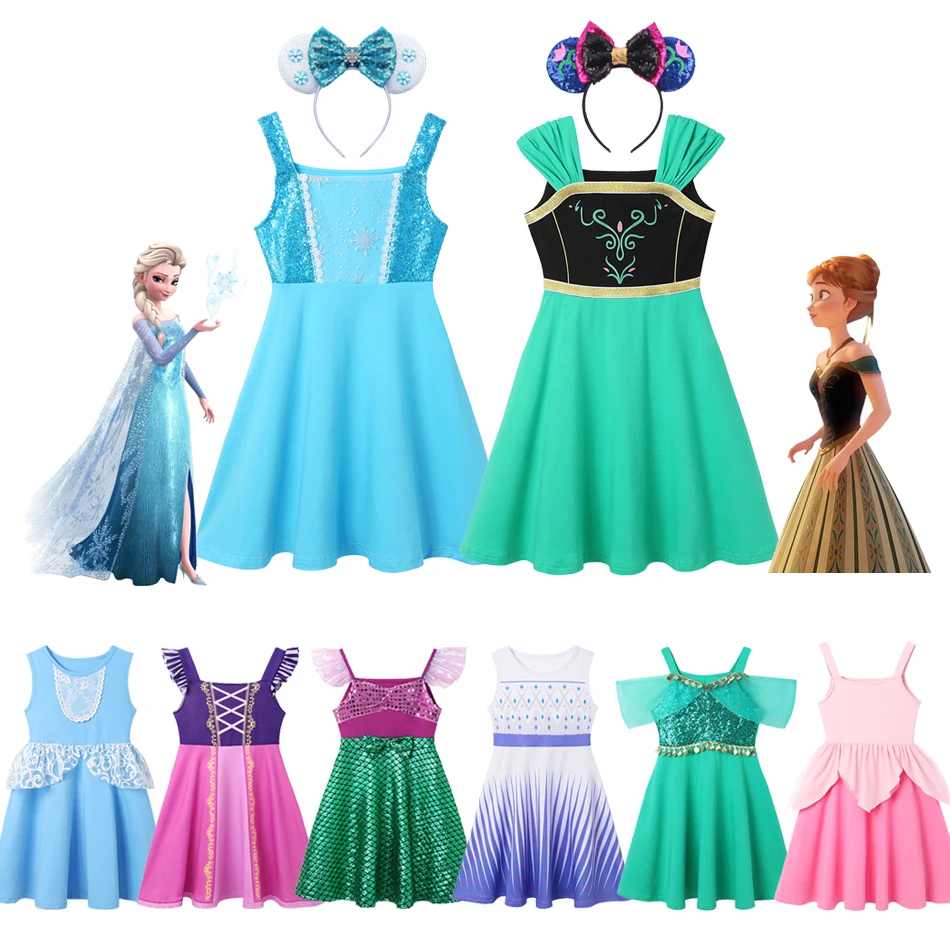 

Disney Baby Girls Casual Summer Dresses Kids Frozen Elsa Anna Rapunzel Mermaid Ariel Cinderella Princess Birthday Party Clothes