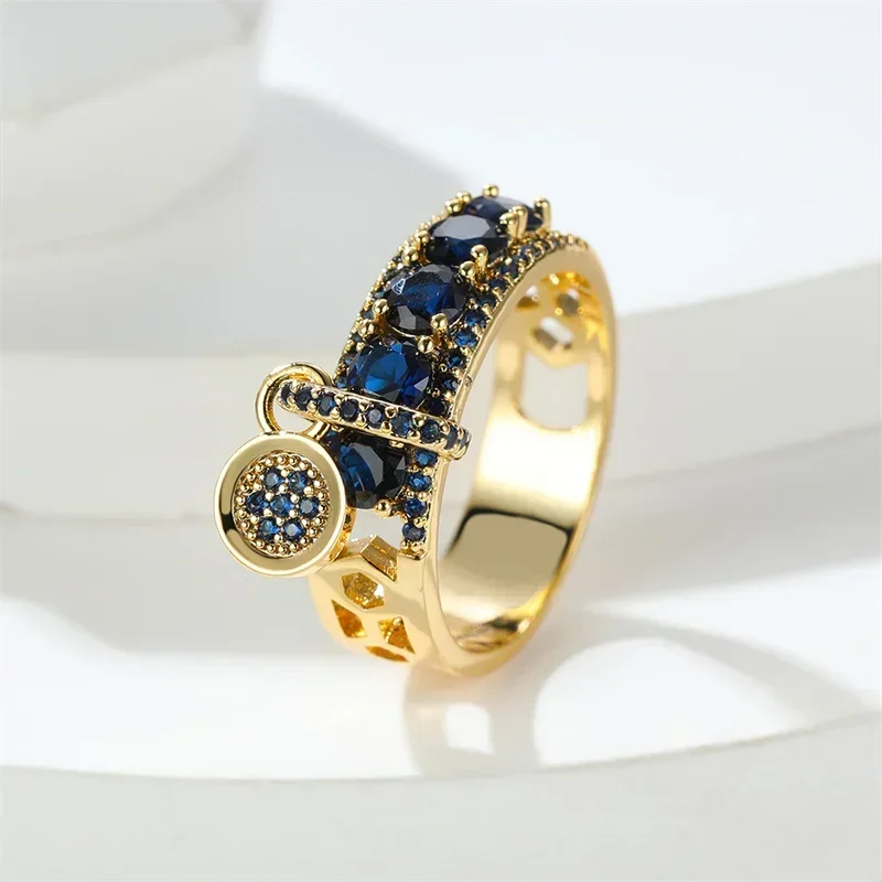 Vintage Royal Blue Stone Ring Yellow Gold Color Luxury Female Wedding Engagement Ring for Women wedding rings finger rings engagement rings fashion ring crystal rings metal rings stone rings gold rings