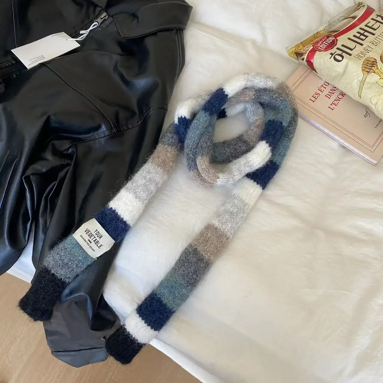 2024 Knitted Wool with Warm Color Splicing Contrast Striped Sausage Thin Scarf