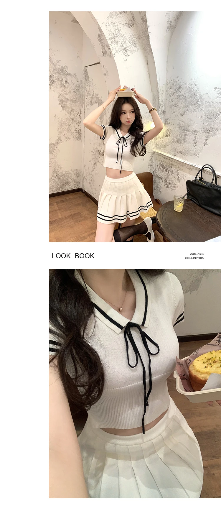 Korean Fashion Knitted Two-piece Set Women Short Sleeve Patchwork Cropped Top Pleated Mini Skirt Preppy Style Outfits New
