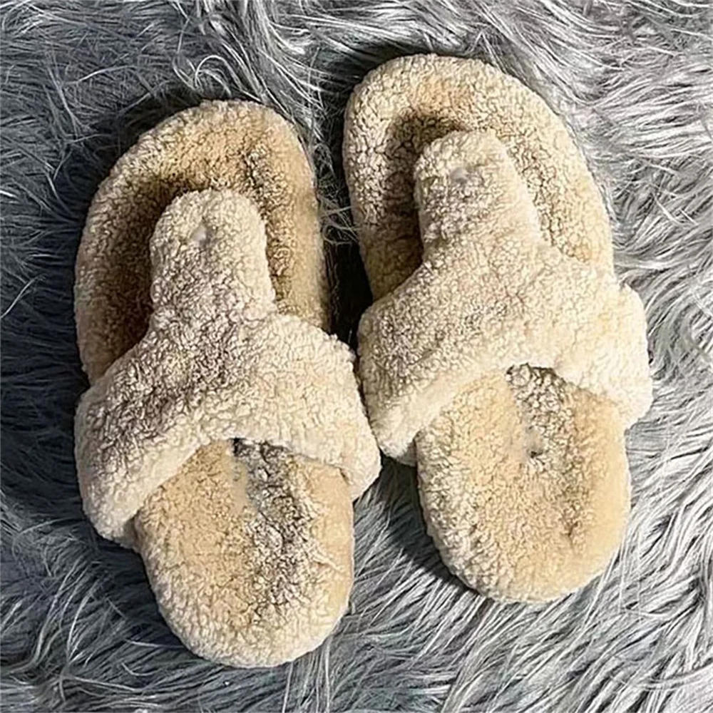 Großhandel Flauschige Echte Lammfell-Damenpantoffeln Luxus-Hausschuhe für Frauen Flache Rutschfeste Bequeme Schuhe für Drinnen und Draußen – Detail 12