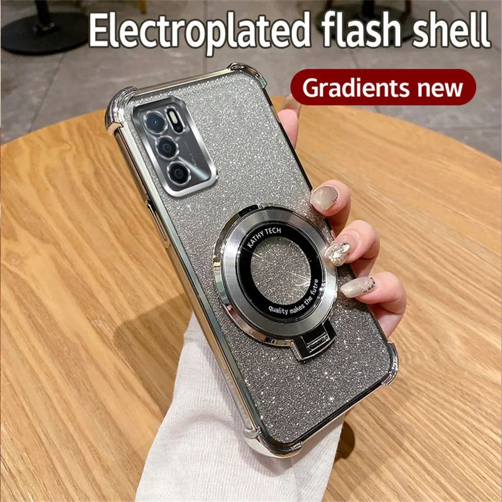 Glitter Shockproof Plating Phone Case with Bracket and Soft Stand Cover