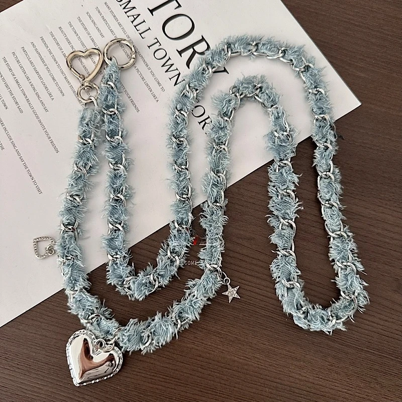 Washed Denim Love Pendant Tassel Phone Lanyard - Trendy Y2K Accessories Chain