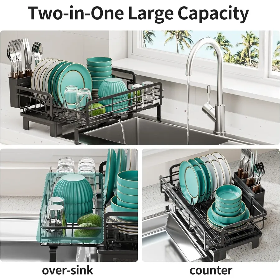 Small Dish Drying Rack Extendable Dish Rack for Kitchen Counter Rustproof Dish Drainers with Utensil Holder Perfect for Apartme