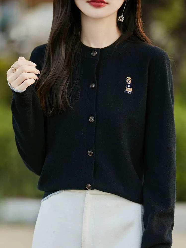 Ele Embroidered Bear Knitted Open Cardigan Women's Spring Autumn 2024 New Single Button round Ne Long Sve Sweater Ja...