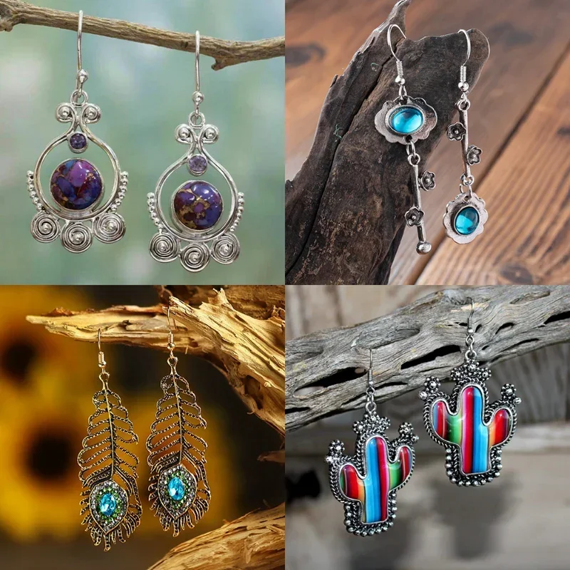 Trendy Boho Dangle Earrings Retro Selenite Turquoise Drop Earrings Ethnic Court Ear Hook Summer Beach Party Jewelry for Women