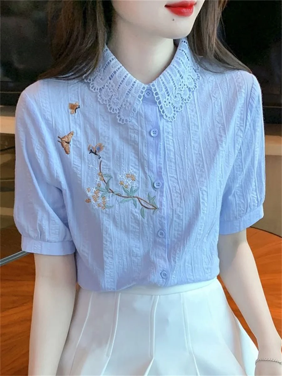 

Embroidery Women Spring Autumn Blouses Shirts Lady Casual Short Puff Sleeve Turn-down Collar Solid Color Blusas Tops DF4782