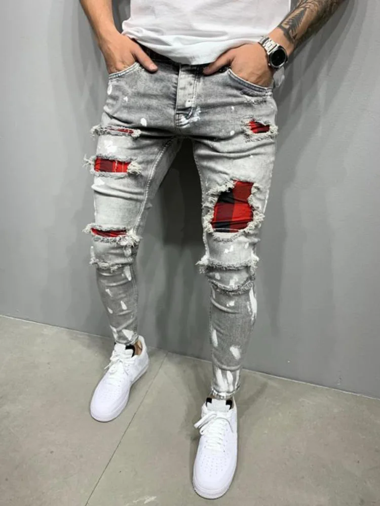 High Quality Fashion Men Painted Stretch Skinny Jeans Slim Fit Ripped Distressed Pleated Knee Patch Casual Men's Brand Clothing 5