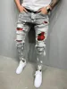 High Quality Fashion Men Painted Stretch Skinny Jeans Slim Fit Ripped Distressed Pleated Knee Patch Casual Men's Brand Clothing 5