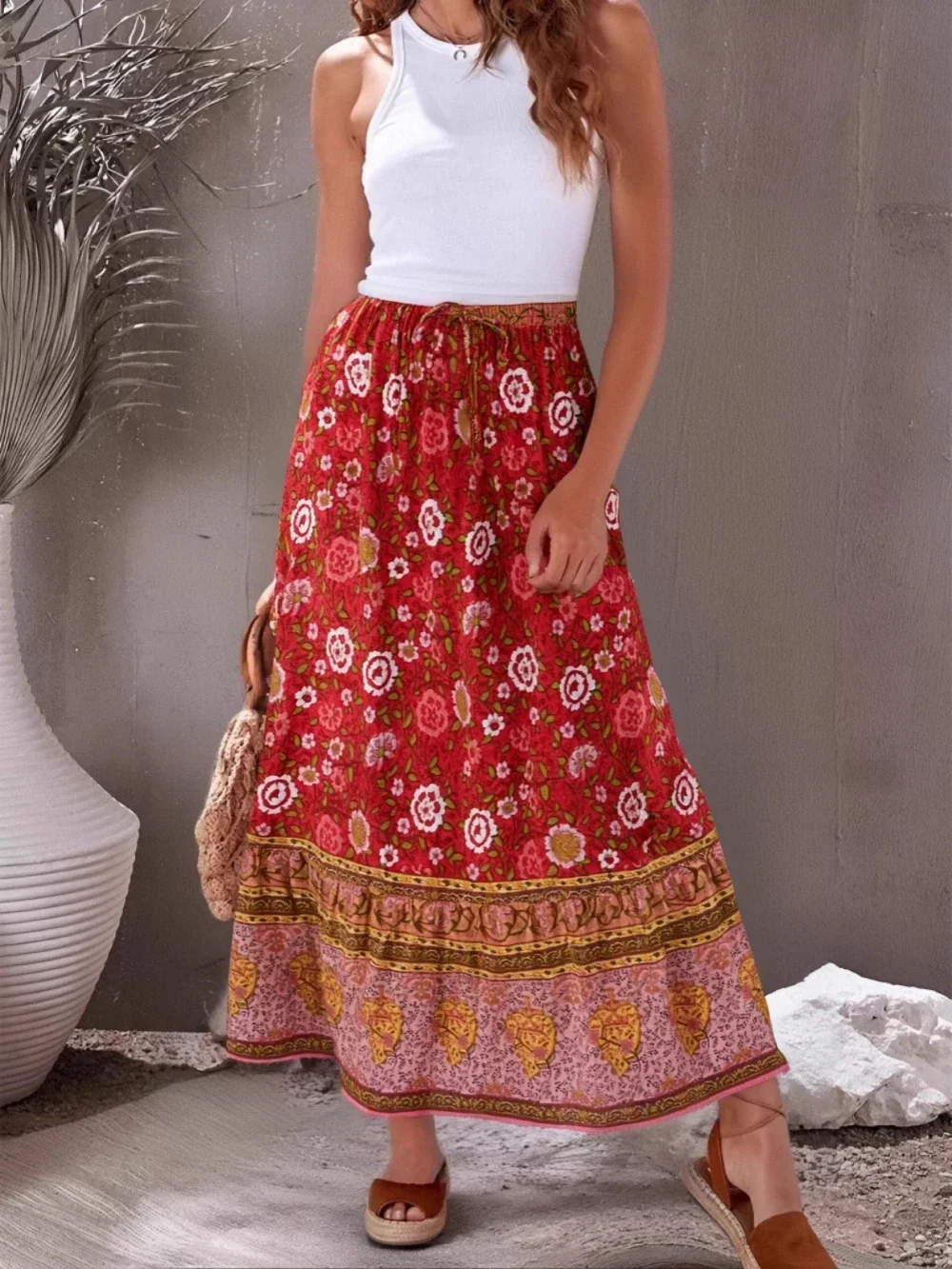 Vintage Chic Hippie Women Floral Print Lace-up Tassel Beach