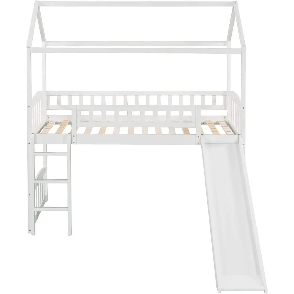 Twin Size Loft Bed with Slide for Kids Bedroom,House Shaped Solid Wood Bedframe w/Full-Length Guardrail Space Saving Design 4