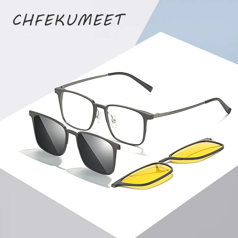 

CHFEKUMEET 3 in 1 Pure Titanium Magnetic Clip On sunglasses Optical Prescription Eyeglass Frames Men Polarized Clips on Glasses