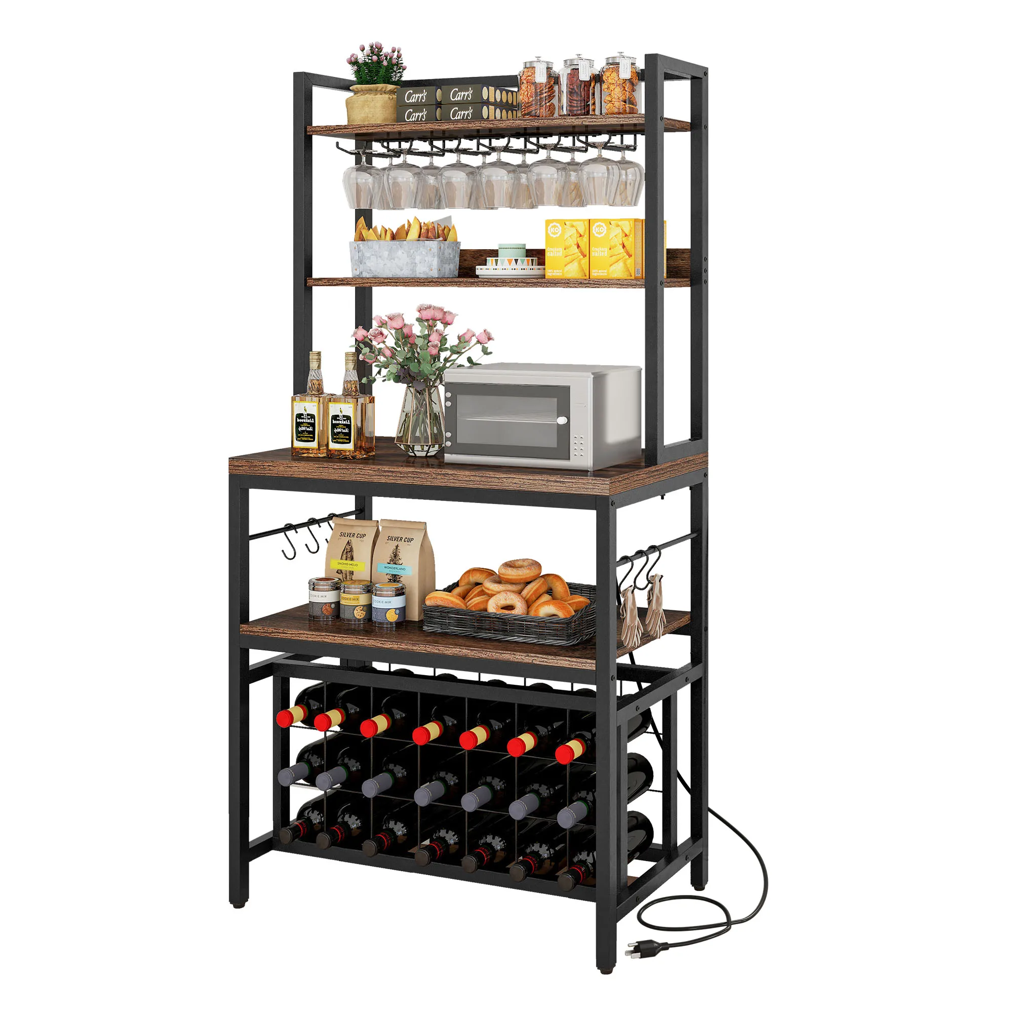 Wine Bar Table Wine Rack Bakers Rack with Glass Stemware Holders for Kitchen Pub
