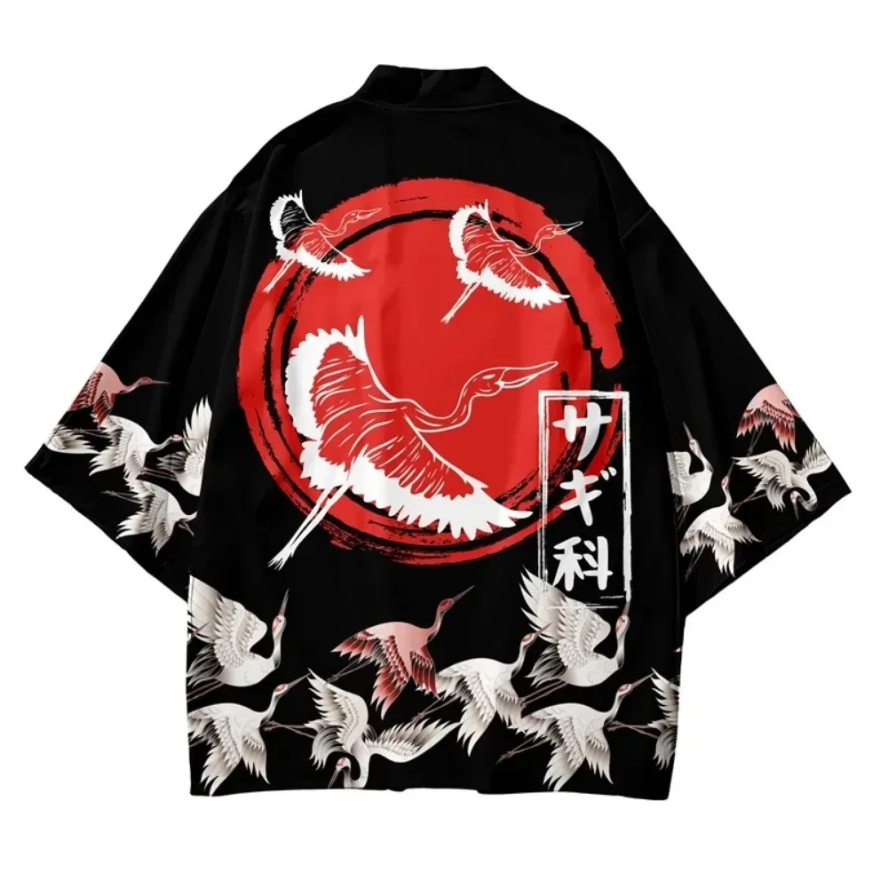 Japanese Kimono Cardigan Crane Pattern Print Men Women Harajuku Yukata Top