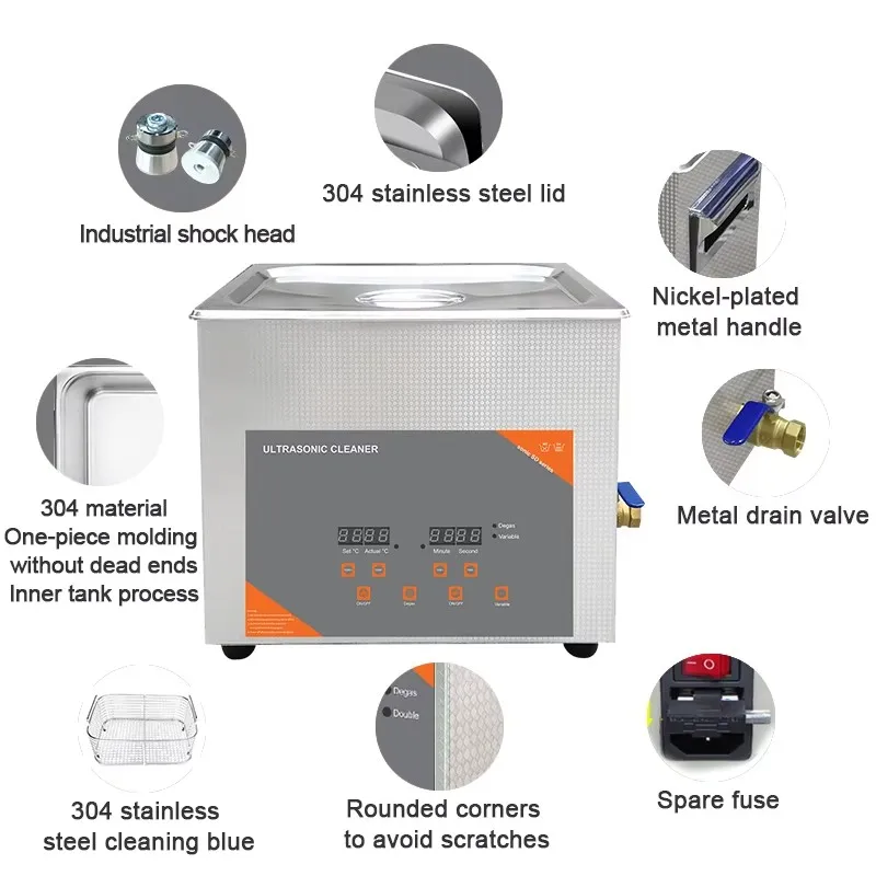 FanYing 10L 360W Digital Timer Ultrasonic Cleaner Heated Degas For Lab Optical Instruments Screws Nut Dental Hardware Bearings