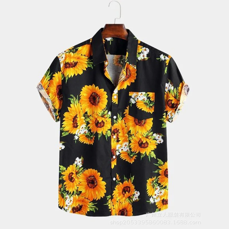 Mens Ethnic Short Sleeve Beach Hawaiian Shirt Tropical Summer Cotton Linen Printing Hawaiian Button Down Shirts Plus Size