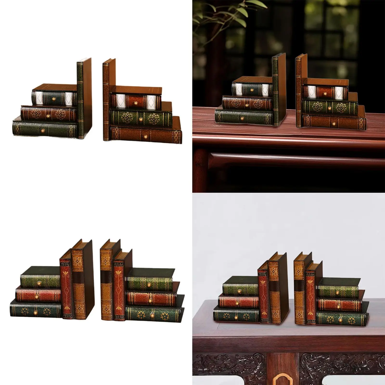 Bookends 2x Fake Book Ornament European Style Wooden for Shelf Desktop Office School Living Room