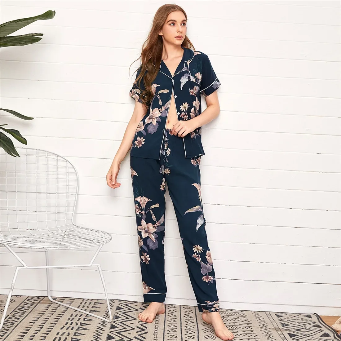 Women Pajamas Set Cotton Long-sleeved Long Trousers Cardigan Tops for Spring Summer Autumn