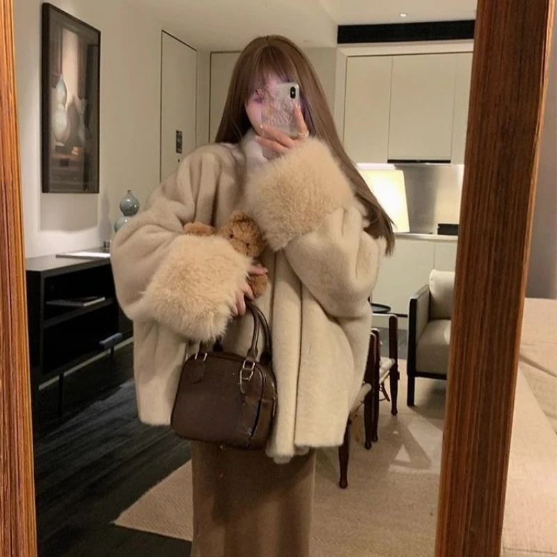 Faux Mink Fur Coat for Women Winter Thick Loose Hairy Casual Jacket Y2K Fashion Streetwear Long Sleeve Warm Fur Outerwear
