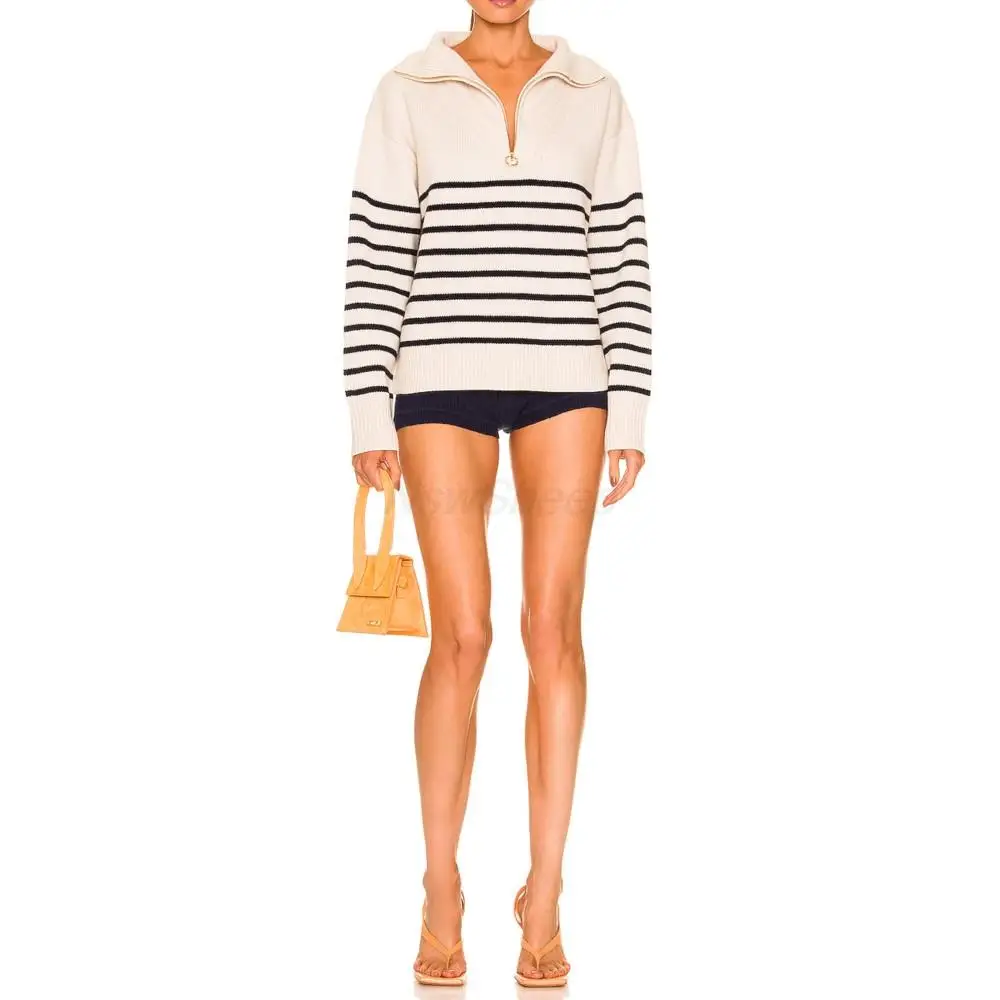 

100% Cashmere Rib Knit Long Sleeve Women Pullover Front Partial Zipper Closure Sweater Winter Thermal Striped Women’s Coat
