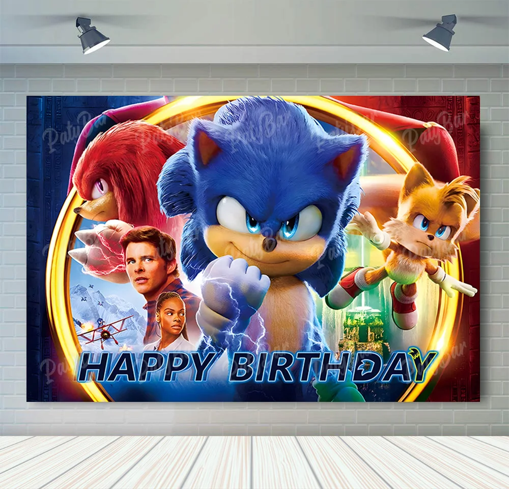 thumbnail image 1 of Fondo de fotografía de Sonic, el erizo de velocidad, héroe corredor, fondo de fotografía de dibujos animados para cumpleaños de niños, accesorios de vinilo de poliéster rojo y azul, 1 of 5