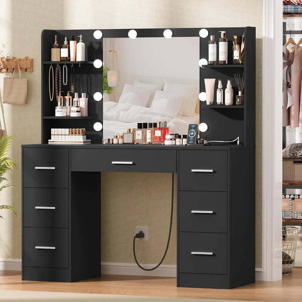 Large Vanity Desk with LED Lighted Mirror & Power Outlet,Makeup Vanity Table with 7 Drawers,4 Shelves and 5 Hooks,Vanity Table