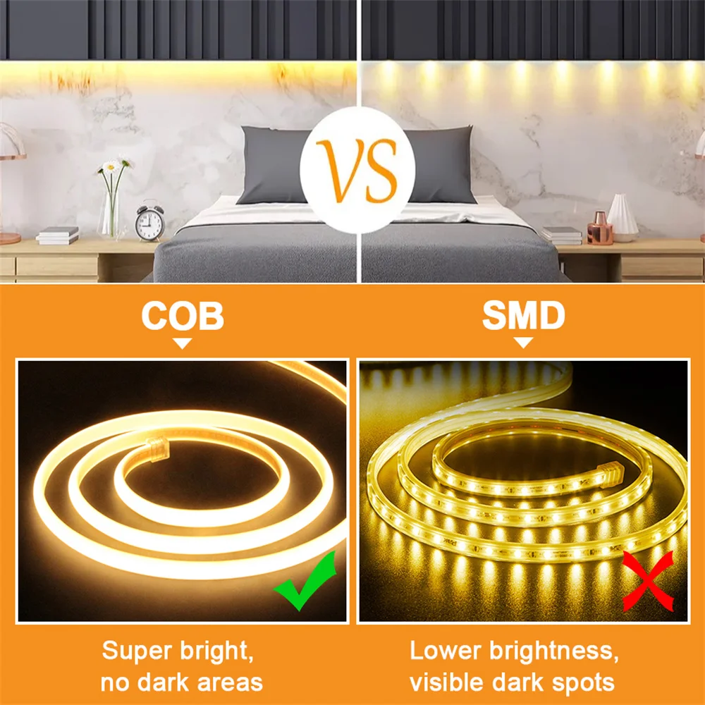 Luz de tira LED COB, alto brilho, IP65 impermeável, fita LED ao ar livre, fita flexível para decoração de jardim, 220V