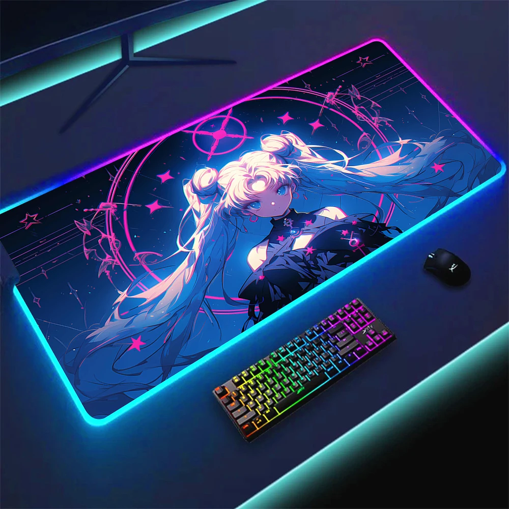 

Large RGB Magical Girl Mouse Pad Gamer Pink Keyboard Mat Cute Deskmat Pc Accessories Desk Protector LED Anime Kawaii Mousepads