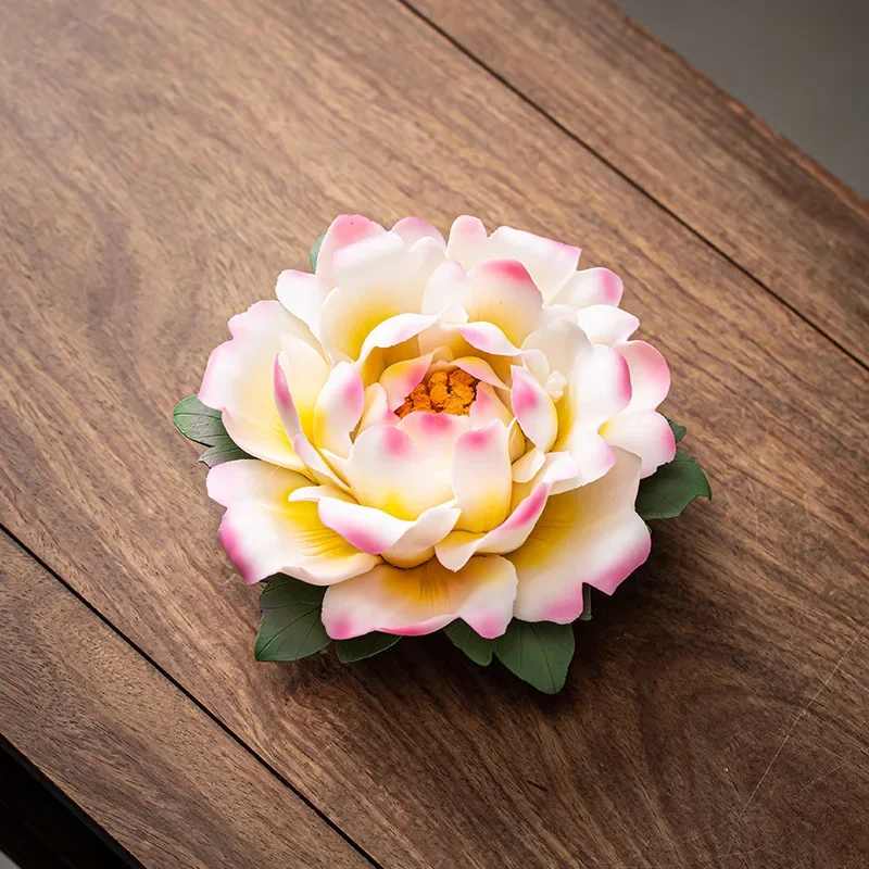 0056 Handmade Ceramic Peony Flower Ornaments Lotus Incense Burner Creative Home Hotel Living Room Tea Table Desktop Decorations