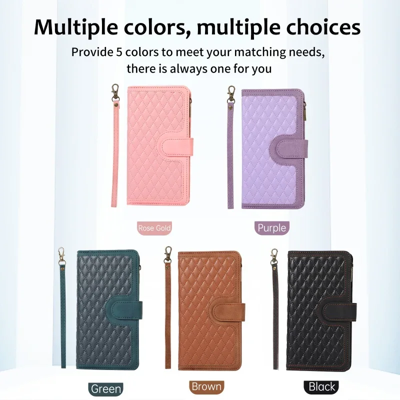 Luxury Zipper Leather Flip Wallet Phone Case with Lanyard and Card Holder