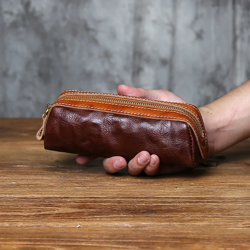 NZPJ New Vintage Genuine Leather Pencil Case Hand-Tooled Cowhide Wallet Unisex Glasses bag Retro Key Storage Bag