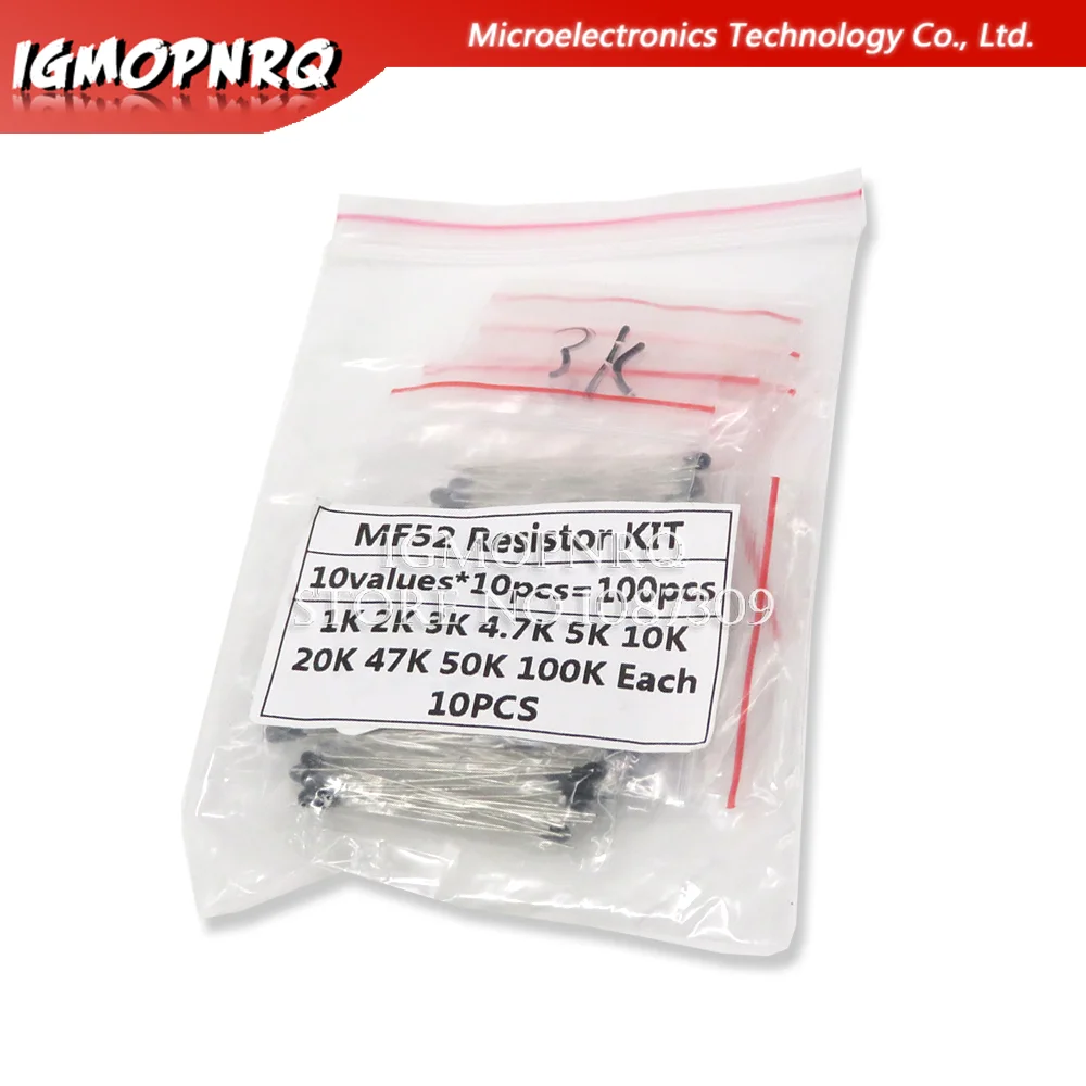 

100PCS=10value*10pcs NTC Thermistor Resistor Kit NTC-MF52AT 1K 2K 3K 4.7K 5K 10K 20K 47K 50K 100K +-5% 3950B