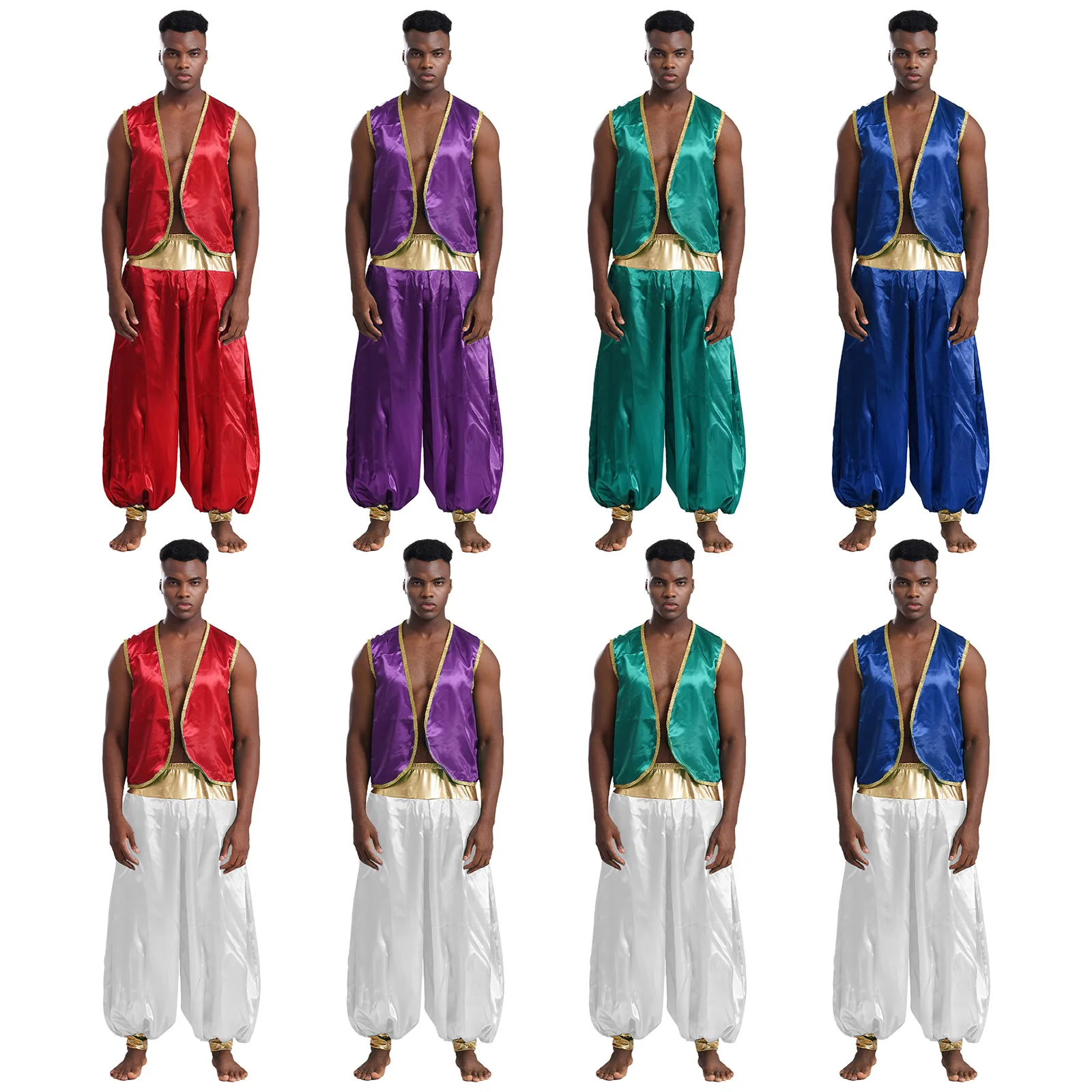 Costumi cosplay arabi da uomo Gilet da principe arabo di Halloween con finiture dorate lucide Gilet curvo aperto sul davanti con tuta di pantaloni - immagine 4